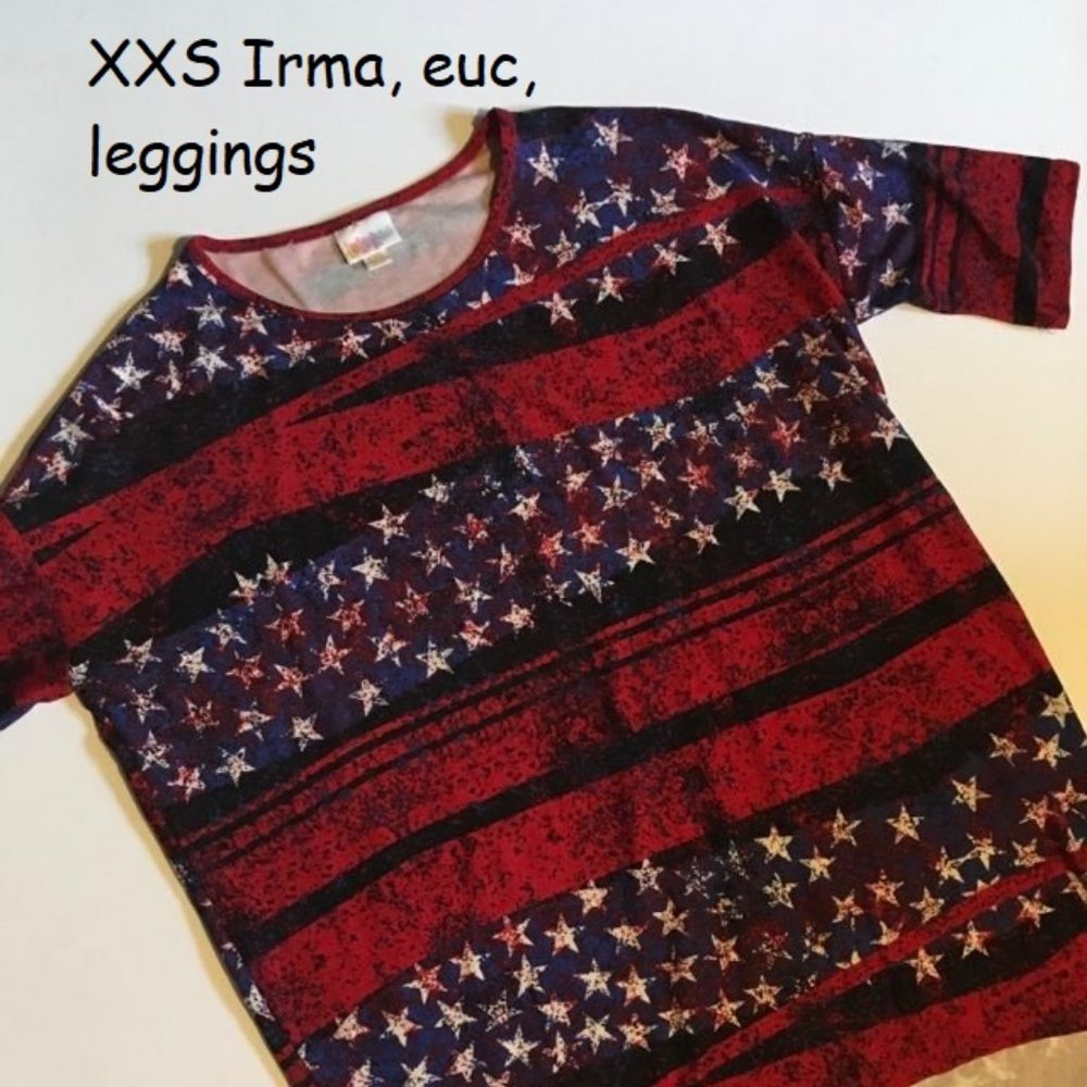 XXS Lularoe Irma tunic top, Americana, stars and stripes, leggings fabric